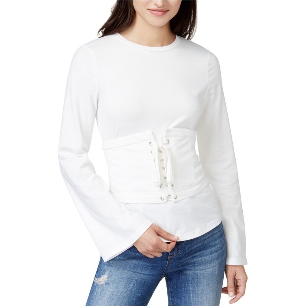 Endless Rose White Corset Belt Long Sleeve Top Size S Lace Up Waist Corset Top